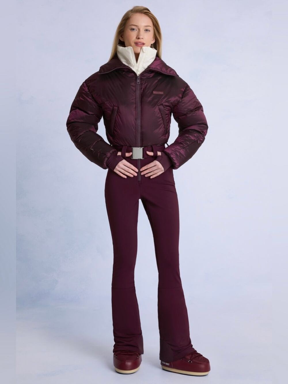 Bo+Tee Oh Polly Waterproof Burgundy Cream Belted Layered Ski Suit Insulated XS